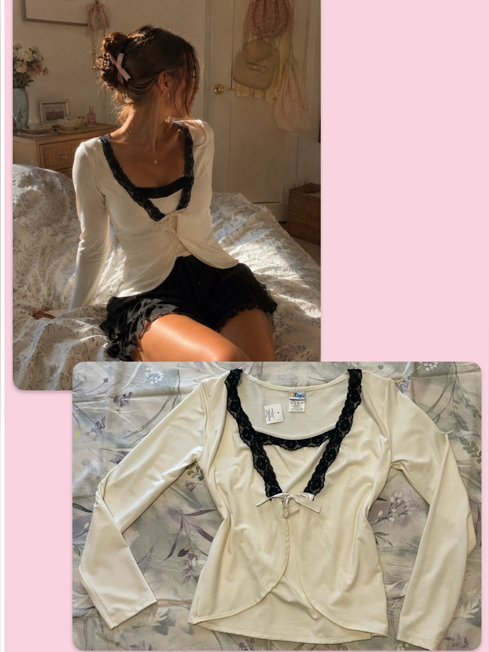 🦢🖤 Coquette Cream & Black Lace Long Sleeve Top - Attached tank - Size L
